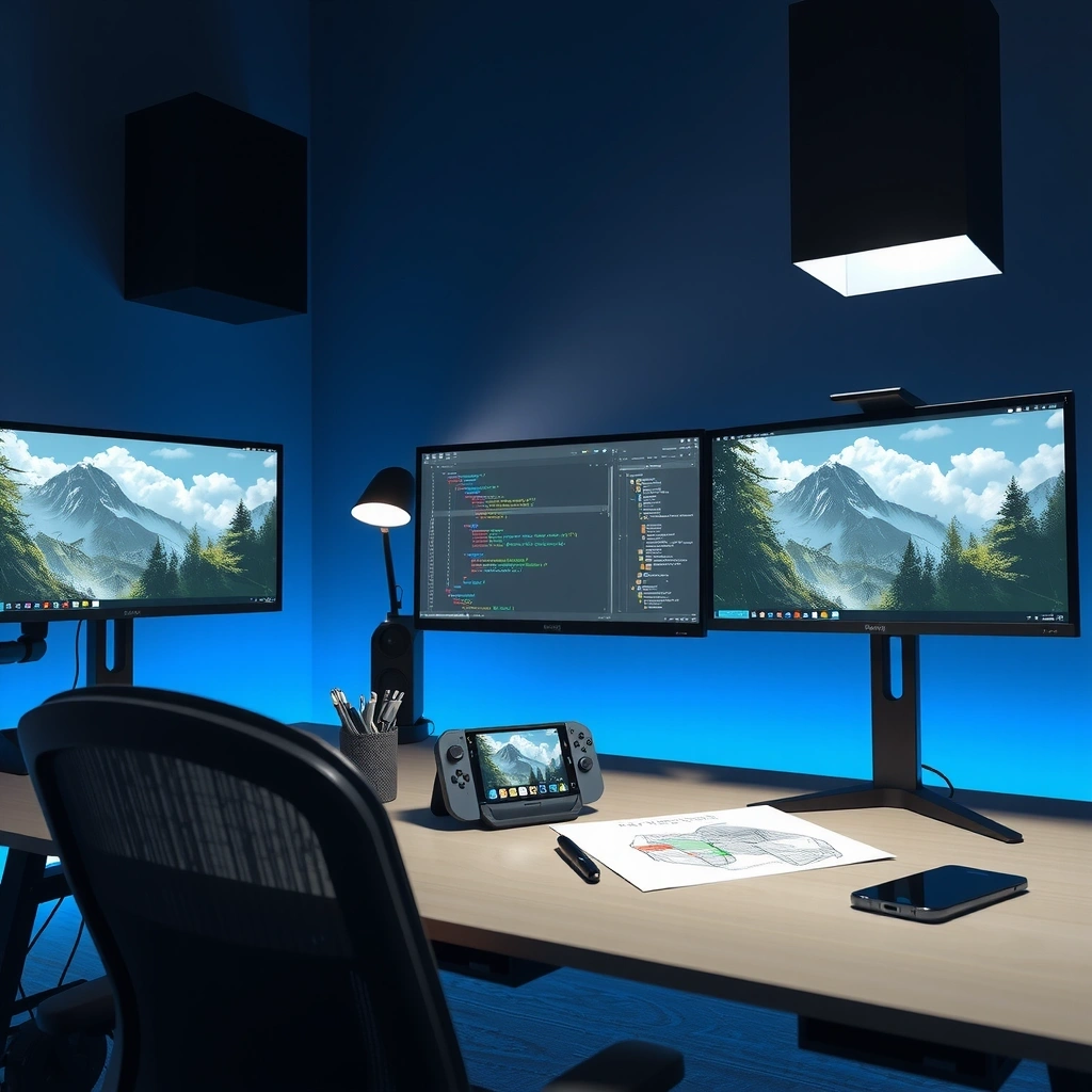 Game development workspace showing design sketches, coding environment, and mobile devices